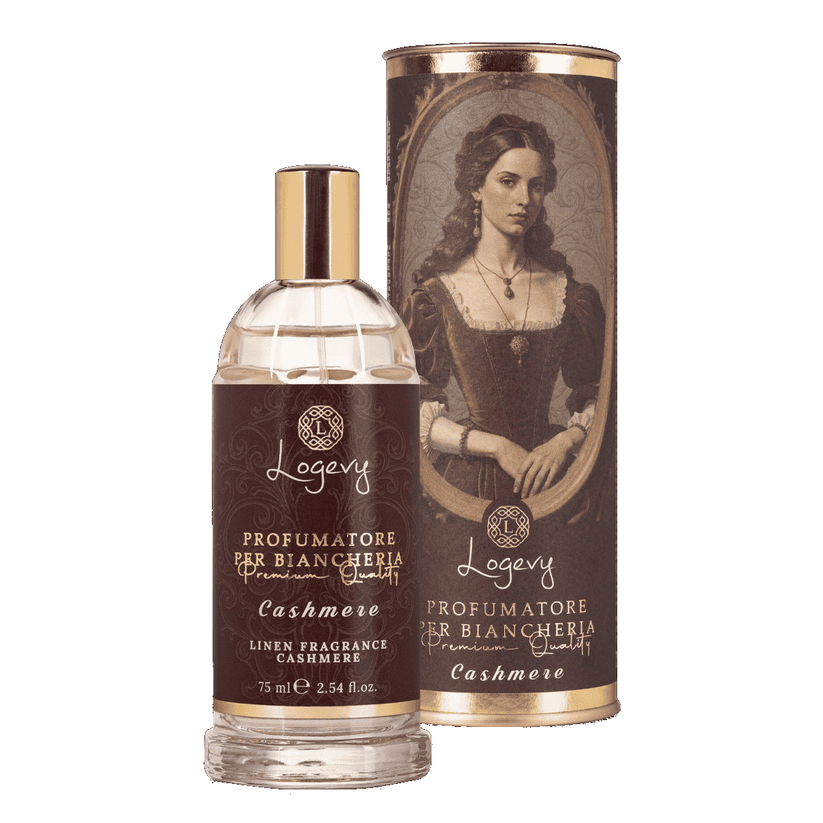 Logevy Cashmere linnespray för textilier – elegant italiensk textildoft med citrus, hallon, jasmin och varm amber.