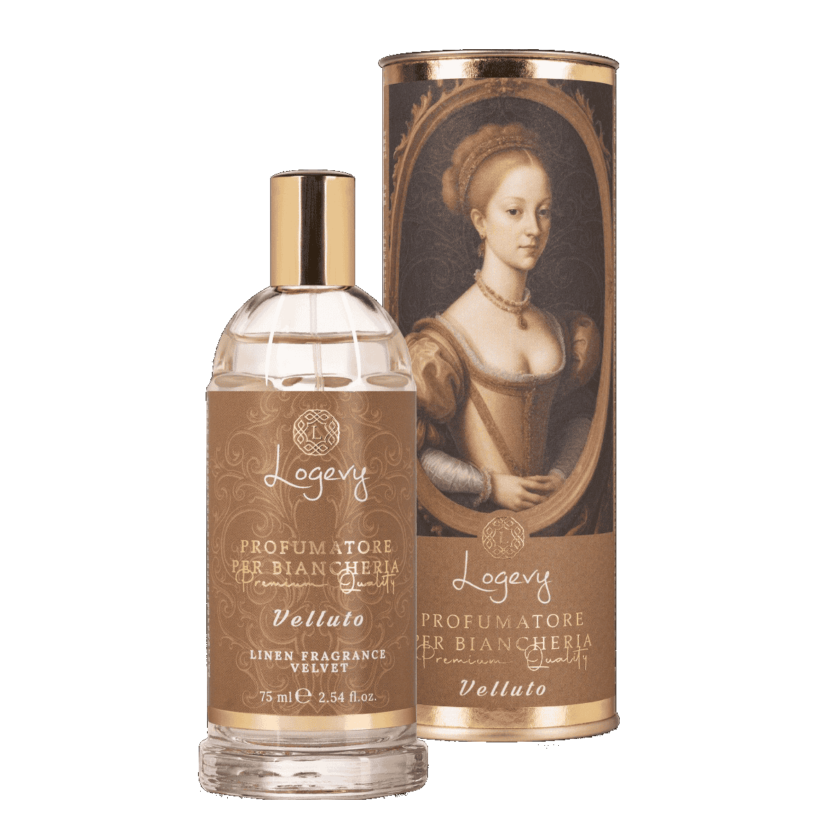 Logevy Velluto linnespray för textilier – mjuk och pudrig textildoft med rosblad, viol och vanilj.